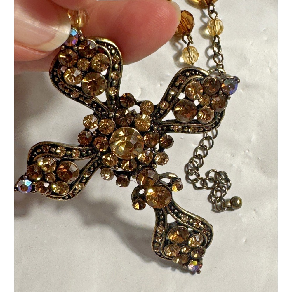 Vintage Style Amber Rhinestone Cross Pendant Necklace Antiqued Gold Tone Beaded